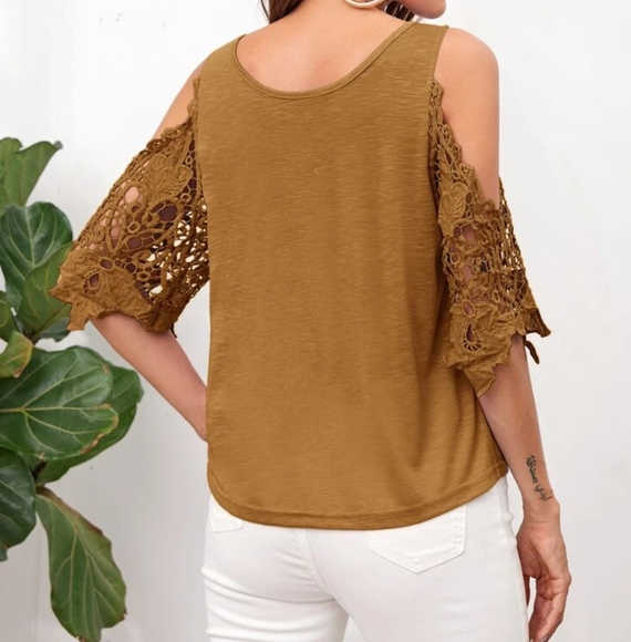 Cold Shoulder Guipure Lace Panel Solid Top Brown Large Brown - Picture 4 of 7